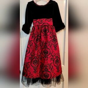 Jona Michelle, Girl Sz5 Formal Dress Black Velvet, Fur Trim, Brocade Lined Skirt